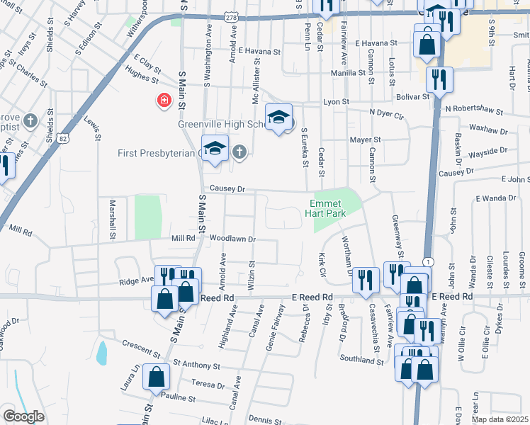 map of restaurants, bars, coffee shops, grocery stores, and more near West Gamwyn Park Drive in Greenville