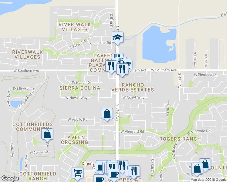 map of restaurants, bars, coffee shops, grocery stores, and more near 6215 South 51st Drive in Phoenix