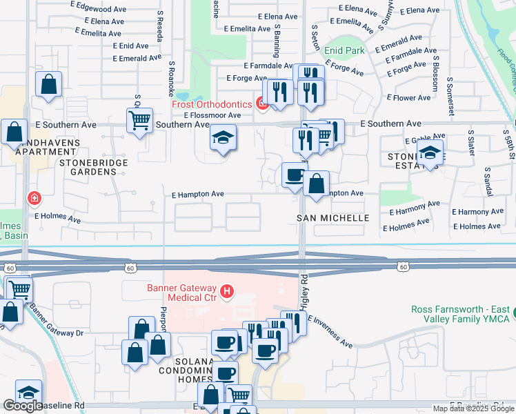 map of restaurants, bars, coffee shops, grocery stores, and more near 5066 East Harmony Avenue in Mesa