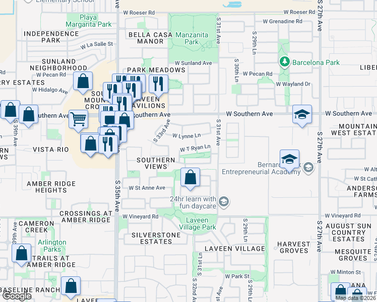 map of restaurants, bars, coffee shops, grocery stores, and more near 3217 West T Ryan Lane in Phoenix