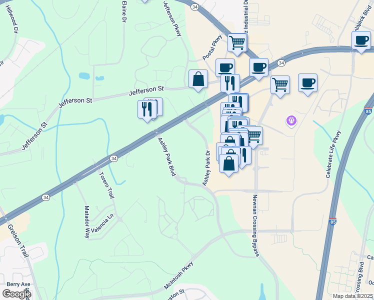 map of restaurants, bars, coffee shops, grocery stores, and more near 101 Ashley Park Drive in Newnan