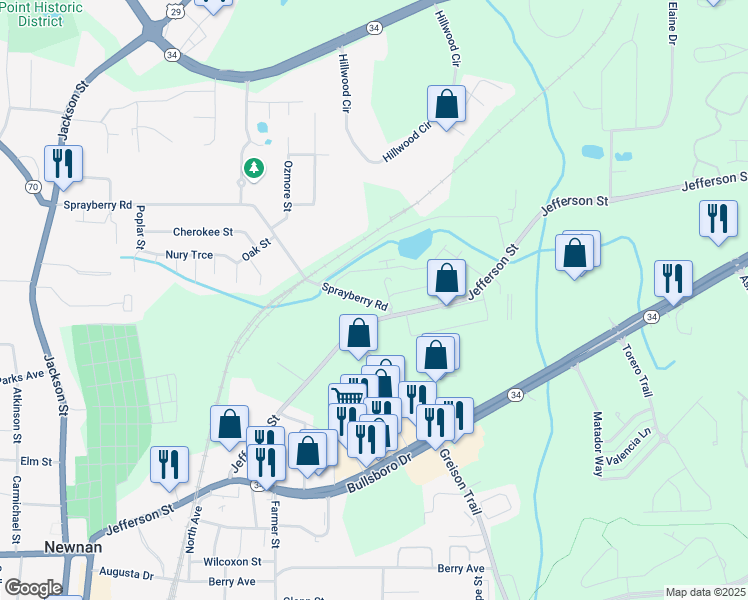 map of restaurants, bars, coffee shops, grocery stores, and more near 100 Sprayberry Road in Newnan