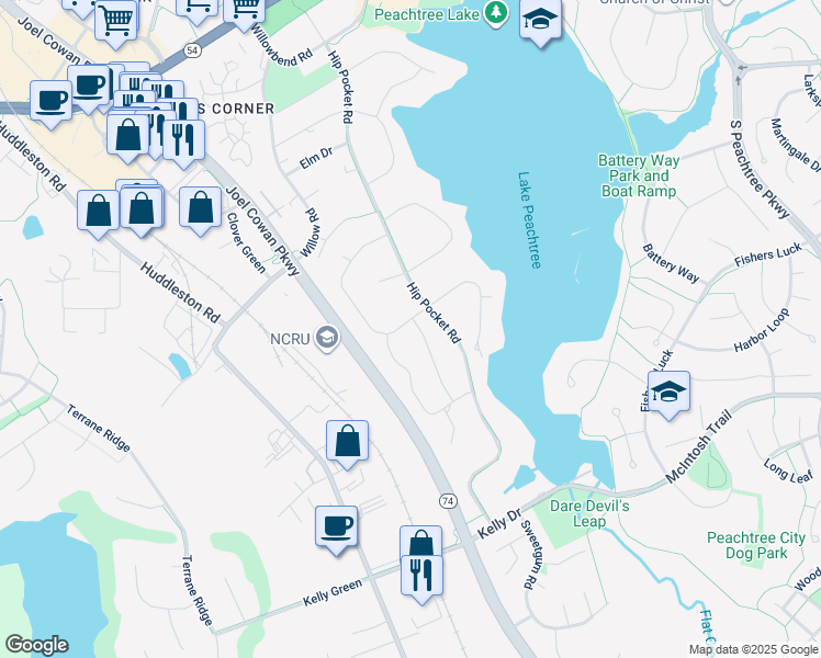 map of restaurants, bars, coffee shops, grocery stores, and more near 229 Cedar Drive in Peachtree City