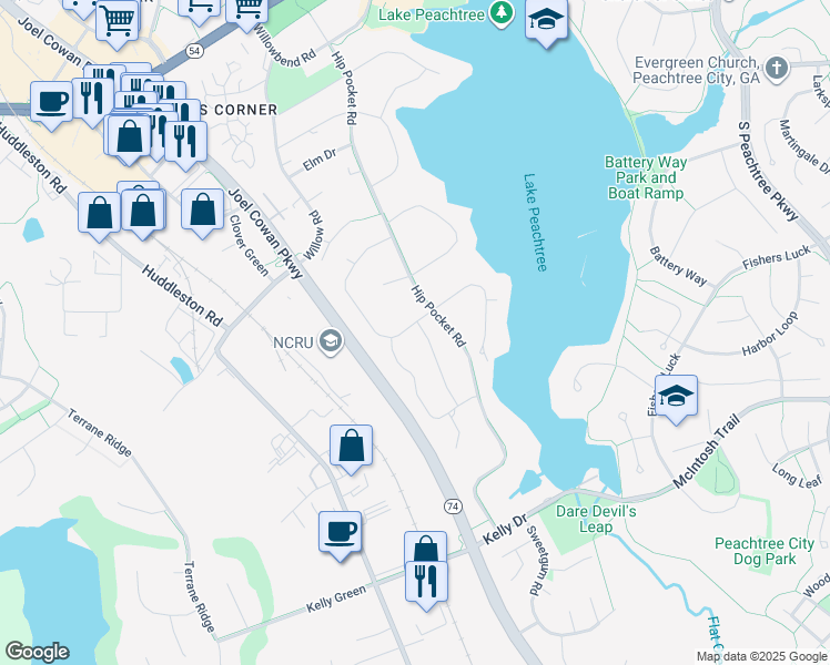 map of restaurants, bars, coffee shops, grocery stores, and more near 229 Cedar Drive in Peachtree City