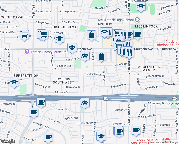map of restaurants, bars, coffee shops, grocery stores, and more near 1324 East La Jolla Drive in Tempe