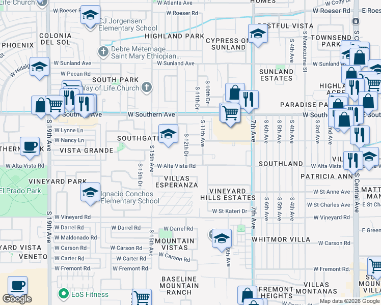 map of restaurants, bars, coffee shops, grocery stores, and more near 1124 West Burgess Lane in Phoenix
