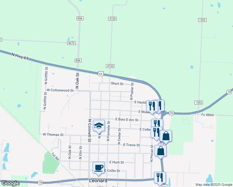 map of restaurants, bars, coffee shops, grocery stores, and more near 211 East Cottonwood Street in Leonard