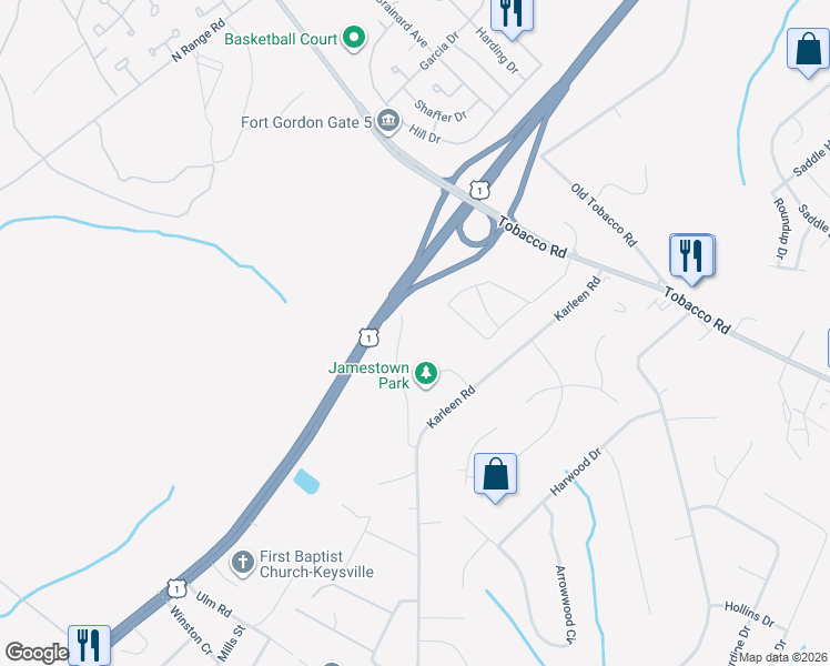map of restaurants, bars, coffee shops, grocery stores, and more near 3704 Old Karleen Road in Hephzibah