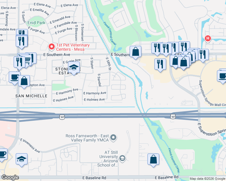 map of restaurants, bars, coffee shops, grocery stores, and more near 1407 South 58th Street in Mesa