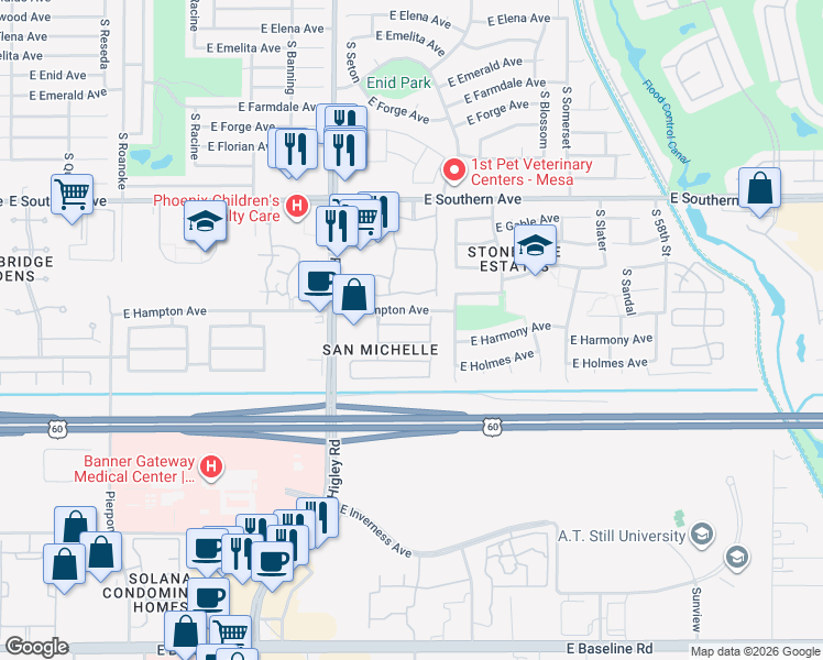 map of restaurants, bars, coffee shops, grocery stores, and more near 5318 East Harmony Avenue in Mesa