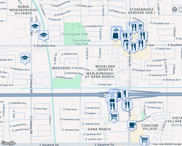 map of restaurants, bars, coffee shops, grocery stores, and more near 1402 South almar Circle in Mesa