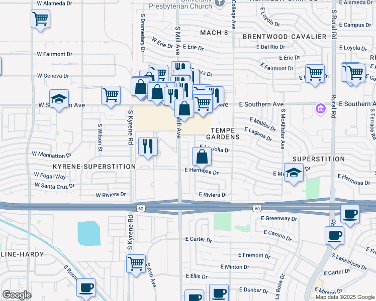map of restaurants, bars, coffee shops, grocery stores, and more near 3717 South Mill Avenue in Tempe
