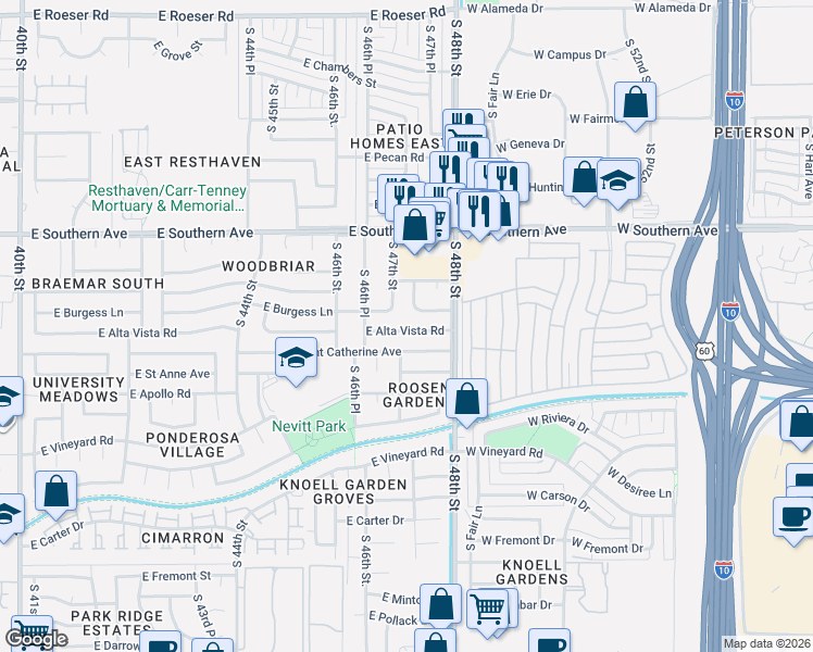 map of restaurants, bars, coffee shops, grocery stores, and more near 4647 East Burgess Lane in Phoenix
