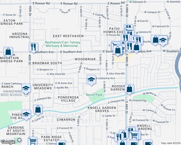 map of restaurants, bars, coffee shops, grocery stores, and more near 4429 East Burgess Lane in Phoenix