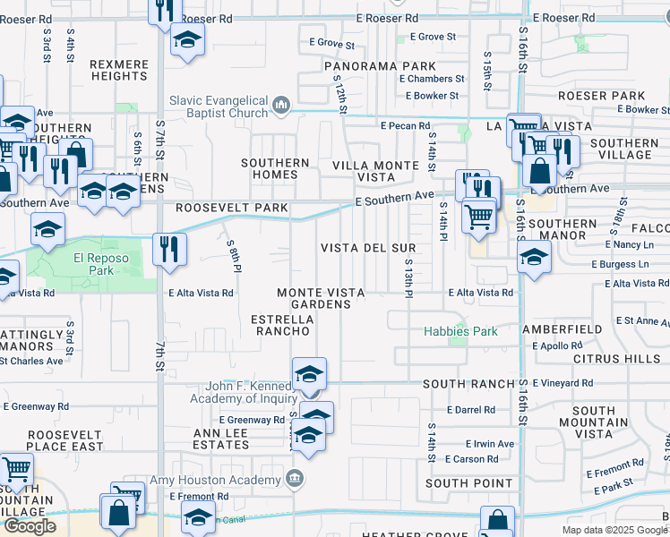 map of restaurants, bars, coffee shops, grocery stores, and more near 6208 South 12th Street in Phoenix