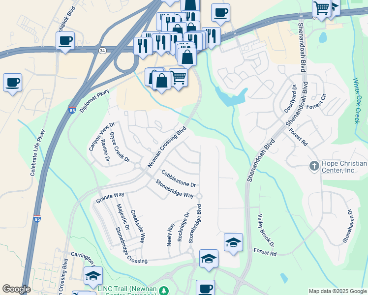 map of restaurants, bars, coffee shops, grocery stores, and more near 19 Pillar Point in Newnan