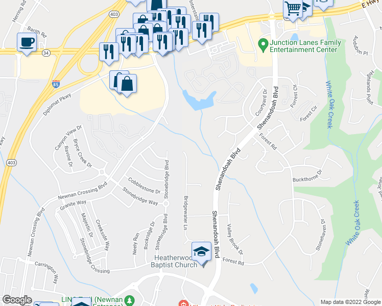 map of restaurants, bars, coffee shops, grocery stores, and more near 263 Bridgewater Lane in Newnan
