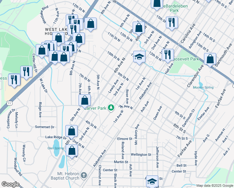 map of restaurants, bars, coffee shops, grocery stores, and more near 800 2nd Avenue North in Bessemer