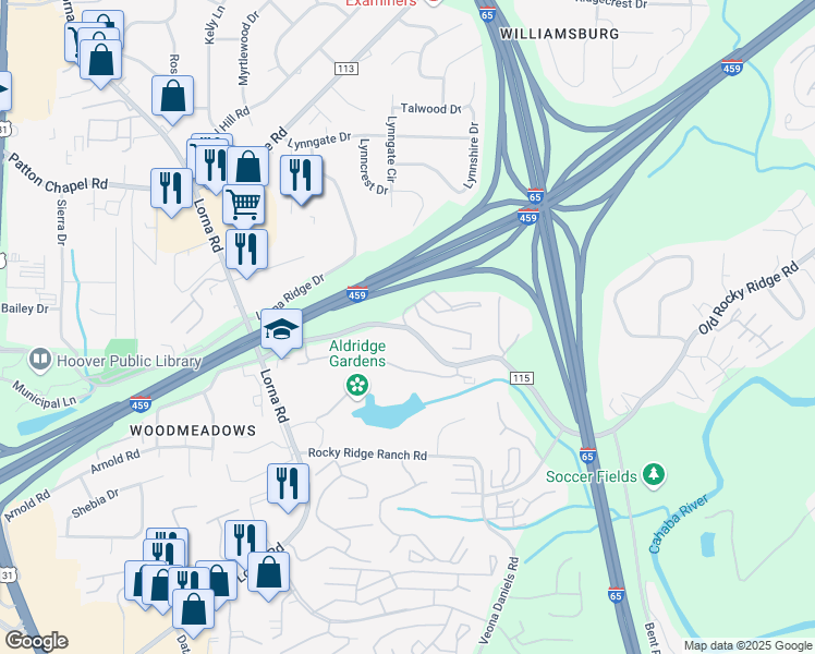 map of restaurants, bars, coffee shops, grocery stores, and more near 1000 Autumn Wood Drive in Hoover