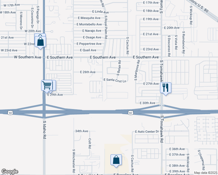 map of restaurants, bars, coffee shops, grocery stores, and more near 869 East Cochise Circle in Apache Junction