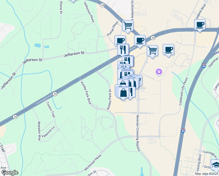 map of restaurants, bars, coffee shops, grocery stores, and more near Ashley Park Drive in Newnan