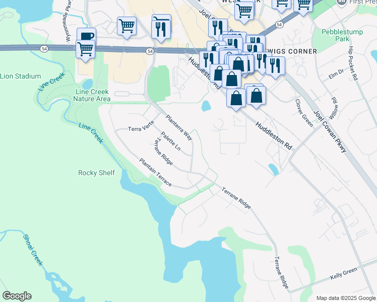 map of restaurants, bars, coffee shops, grocery stores, and more near 114 Planterra Way in Peachtree City