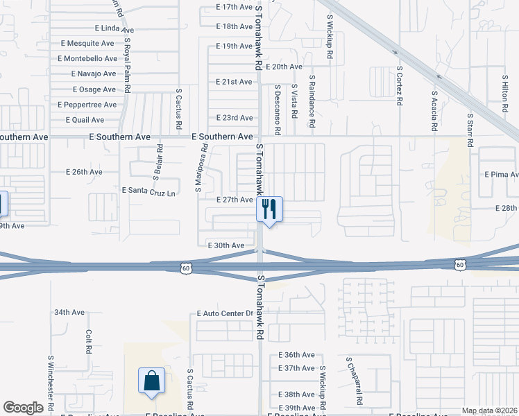 map of restaurants, bars, coffee shops, grocery stores, and more near 1551 East 27th Avenue in Apache Junction
