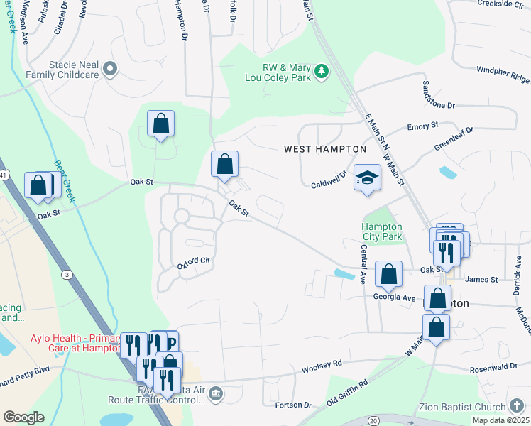 map of restaurants, bars, coffee shops, grocery stores, and more near 76 Hampton Oaks Drive in Hampton