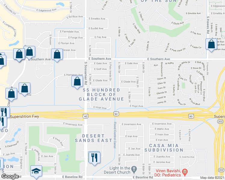 map of restaurants, bars, coffee shops, grocery stores, and more near 1361 South Palo Verde Street in Mesa