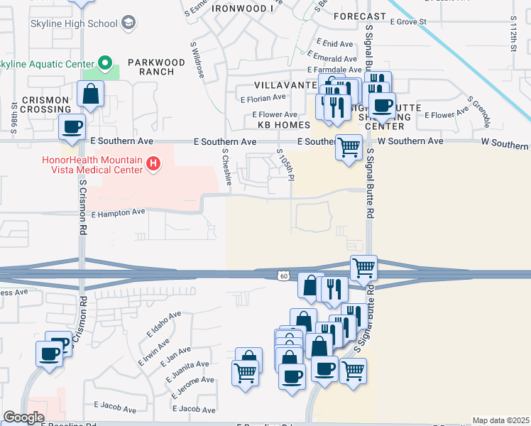 map of restaurants, bars, coffee shops, grocery stores, and more near East Hampton Avenue in Mesa