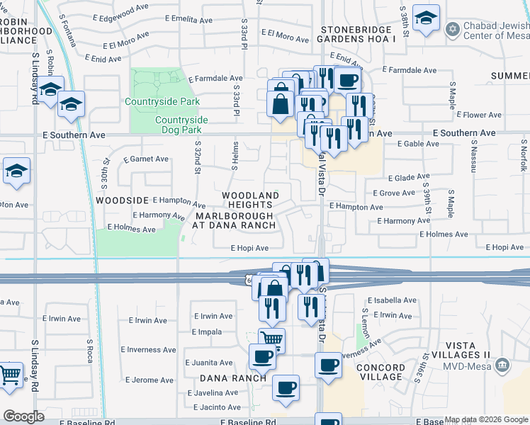 map of restaurants, bars, coffee shops, grocery stores, and more near 1351 South Miramar in Mesa
