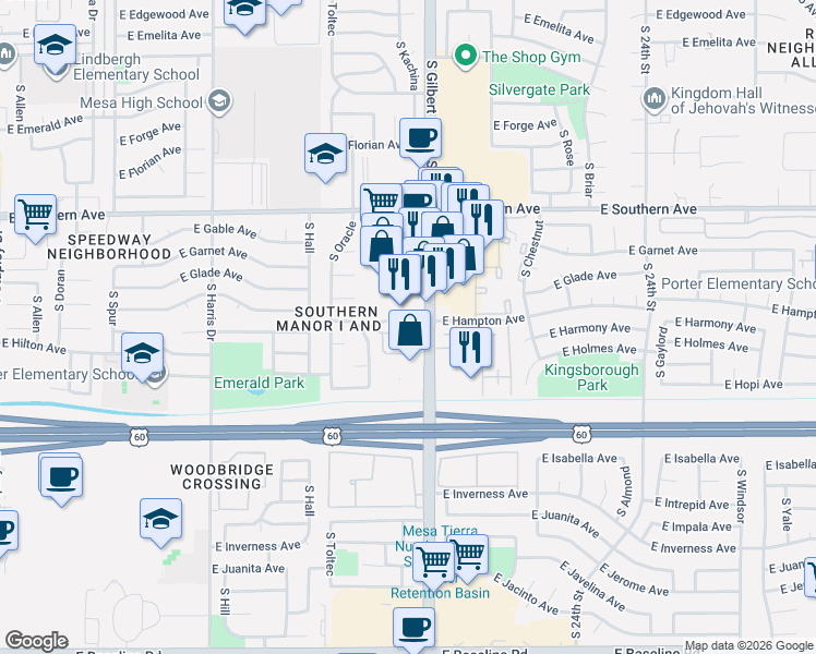 map of restaurants, bars, coffee shops, grocery stores, and more near 1356 South Gilbert Road in Mesa