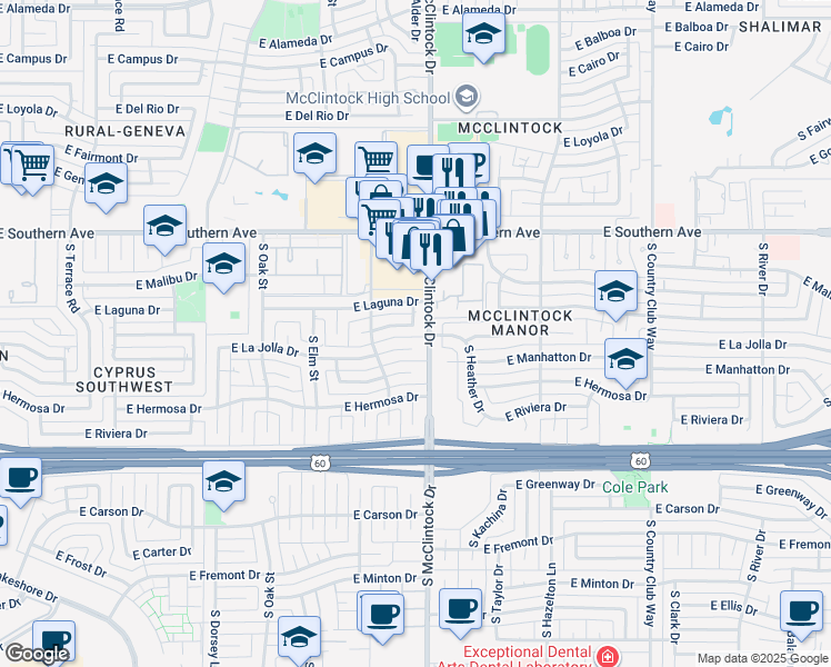 map of restaurants, bars, coffee shops, grocery stores, and more near 1802 East La Jolla Drive in Tempe
