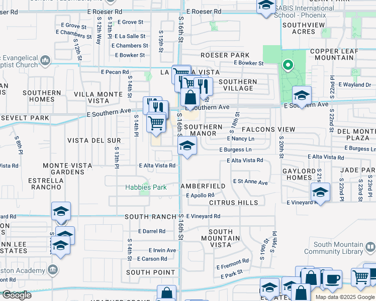 map of restaurants, bars, coffee shops, grocery stores, and more near 6241 South 16th Street in Phoenix
