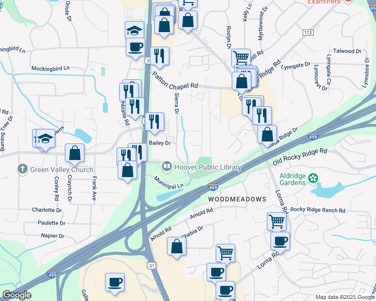 map of restaurants, bars, coffee shops, grocery stores, and more near 3453 Sierra Drive in Hoover