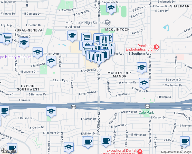 map of restaurants, bars, coffee shops, grocery stores, and more near 1802 East La Jolla Drive in Tempe
