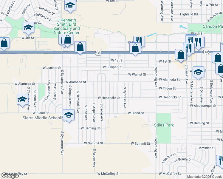 map of restaurants, bars, coffee shops, grocery stores, and more near 409 South Spruce Avenue in Roswell