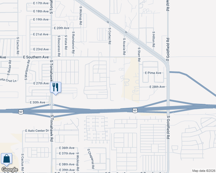 map of restaurants, bars, coffee shops, grocery stores, and more near 2743 South Conestoga Road in Apache Junction