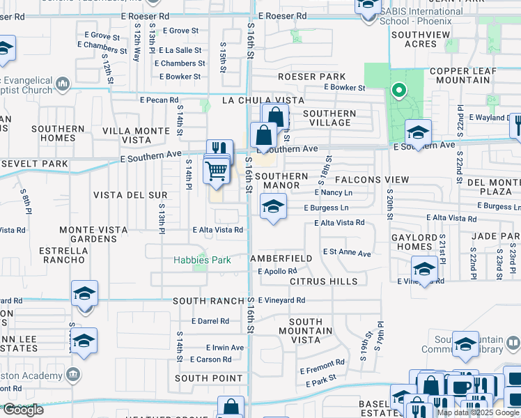 map of restaurants, bars, coffee shops, grocery stores, and more near 6241 South 16th Street in Phoenix