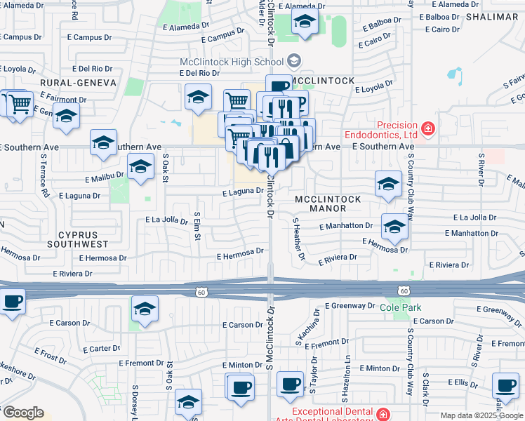 map of restaurants, bars, coffee shops, grocery stores, and more near 1802 East La Jolla Drive in Tempe