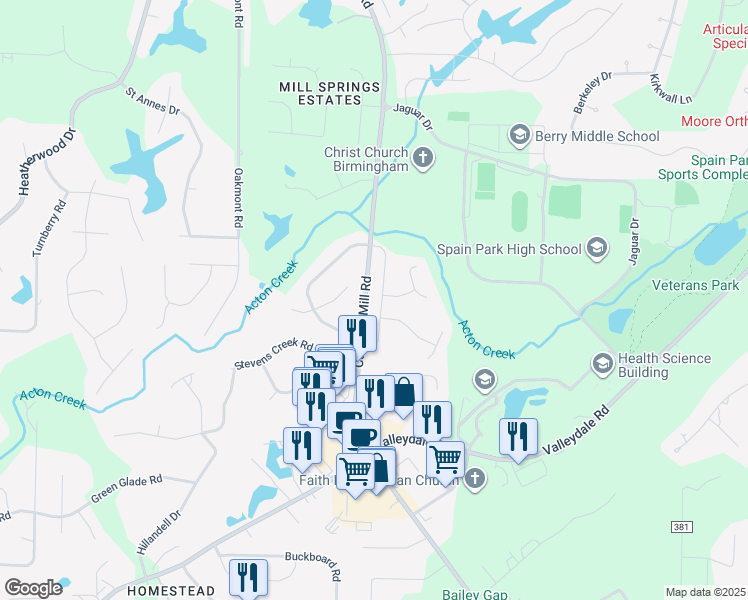 map of restaurants, bars, coffee shops, grocery stores, and more near 2727 Goldmor Circle in Birmingham