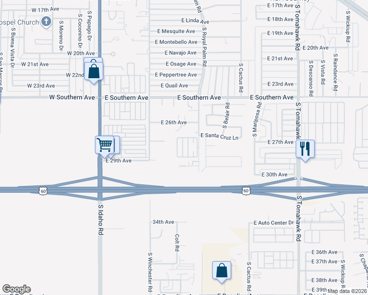 map of restaurants, bars, coffee shops, grocery stores, and more near 2760 S Royal Palm Rd in Apache Junction