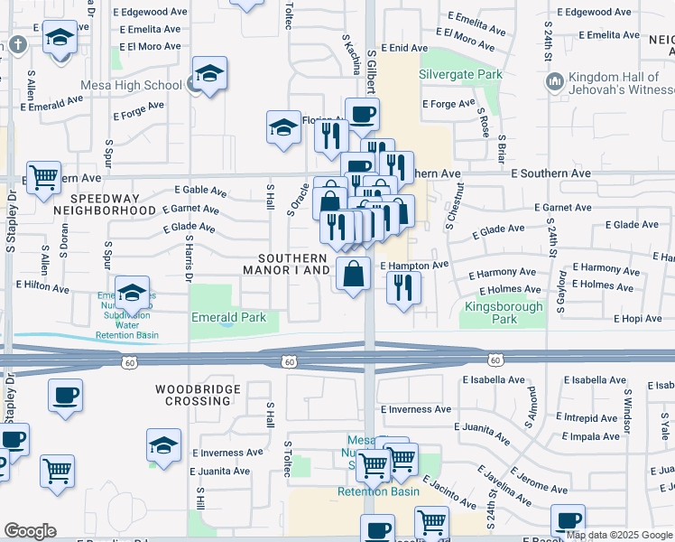 map of restaurants, bars, coffee shops, grocery stores, and more near 1902 East Hampton Avenue in Mesa