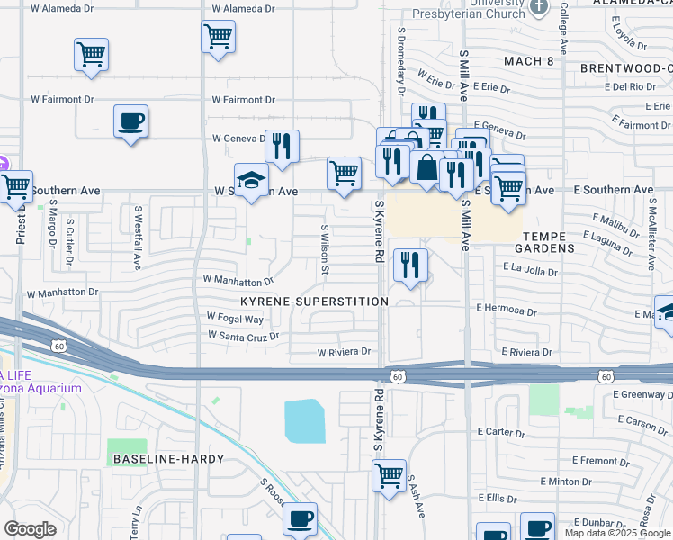 map of restaurants, bars, coffee shops, grocery stores, and more near 400 West La Jolla Drive in Tempe