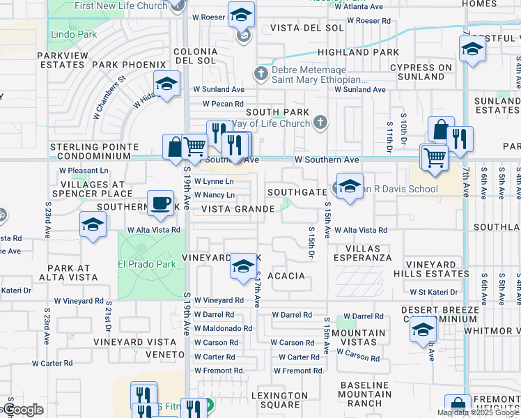 map of restaurants, bars, coffee shops, grocery stores, and more near 6224 South 16th Lane in Phoenix