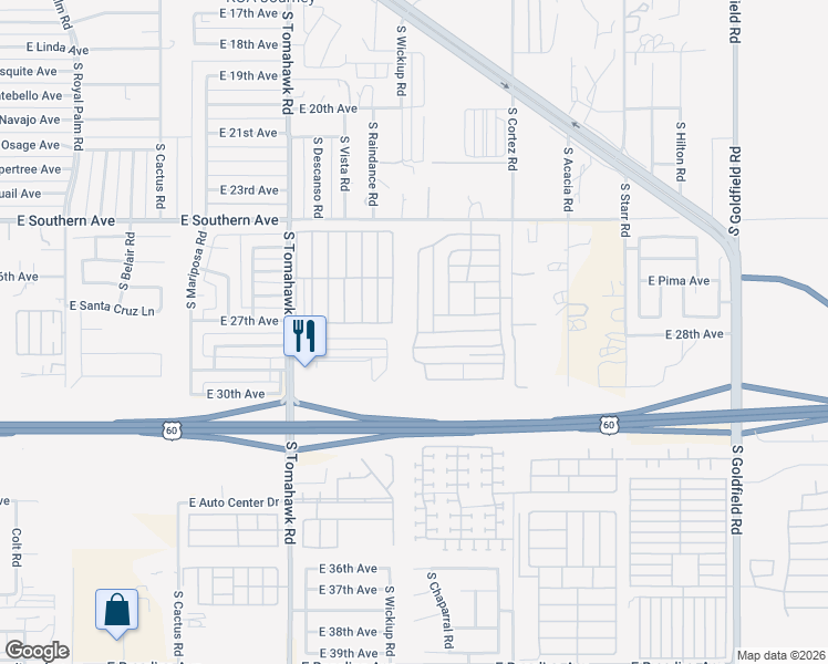 map of restaurants, bars, coffee shops, grocery stores, and more near 2735 South Powell Road in Apache Junction