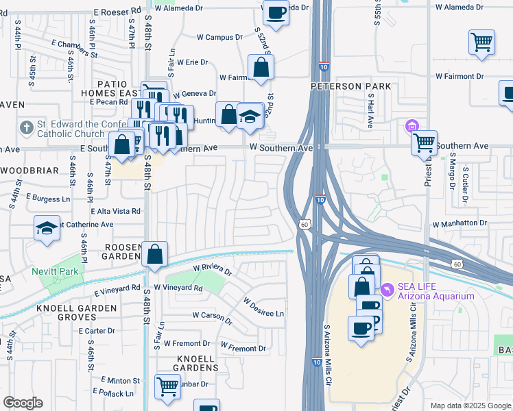 map of restaurants, bars, coffee shops, grocery stores, and more near 2401 West Southern Avenue in Tempe