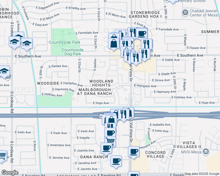 map of restaurants, bars, coffee shops, grocery stores, and more near 1351 South Miramar in Mesa