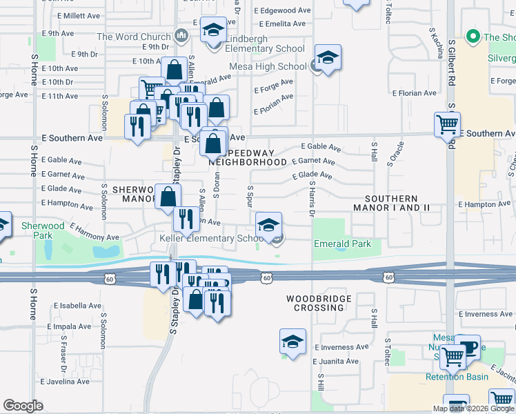map of restaurants, bars, coffee shops, grocery stores, and more near 1356 South Spur in Mesa