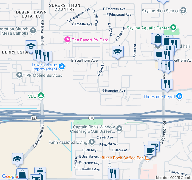 map of restaurants, bars, coffee shops, grocery stores, and more near 1265 South Aaron in Mesa